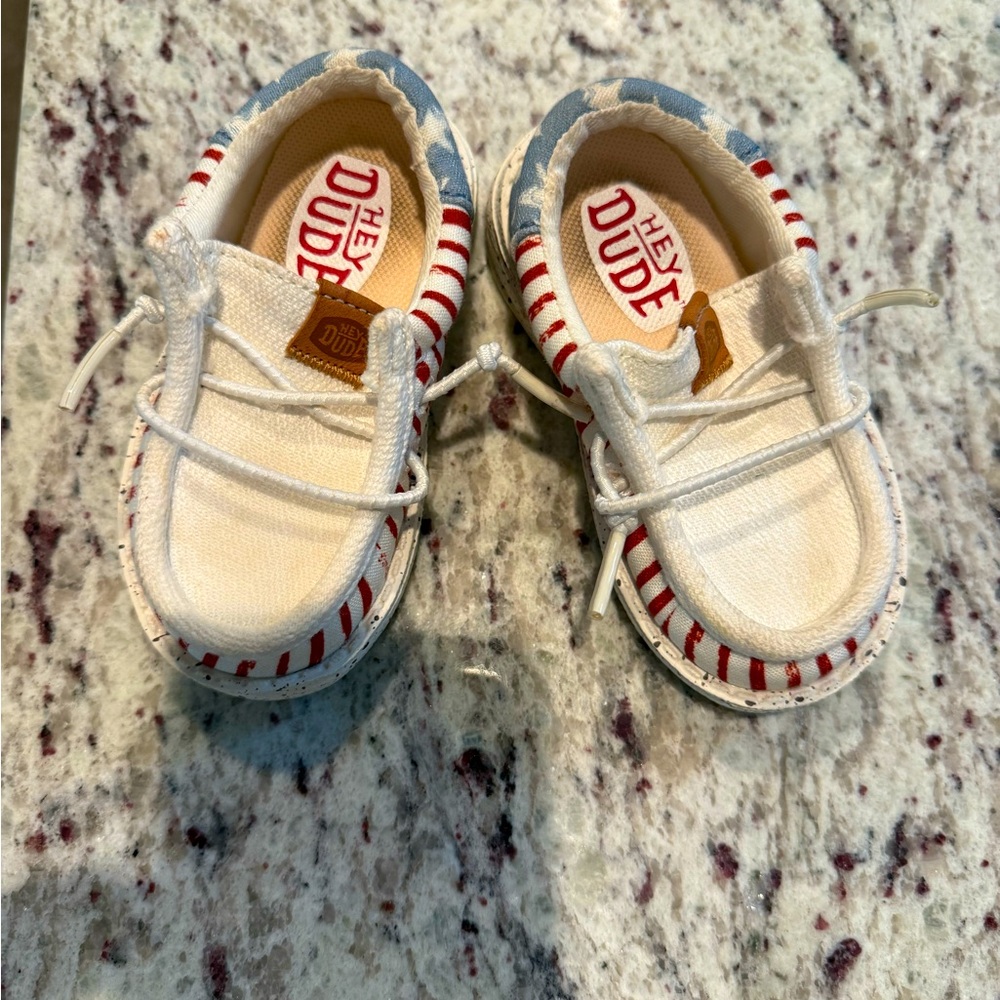 Hey Dude Kids Moccasins - Cream and Red Stripes